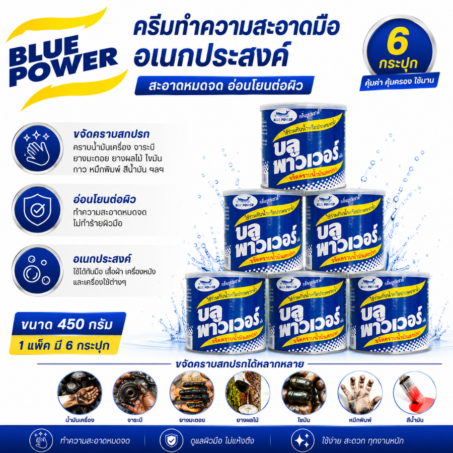 301-002*6 ครีมทำความสะอาดมืออเนกประสงค์ Blue Power Hand Clener 450 กรัม (1 แพ็คมี 6 กระปุก)