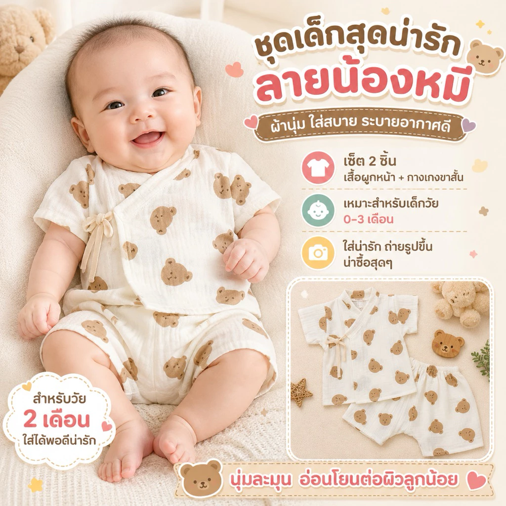 ซามูไร ชุดเด็กผูกหน้า แรกเกิด-3เดือน เสื้อกางเกงสั้น ผ้ามัสลินทอย่น