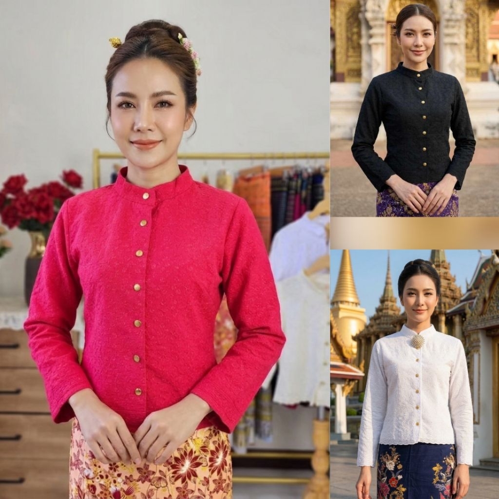 อก34-54 นิ้ว เสื้อบ่าบ๋าแขนยาว อัดกาว สีขาว ปักษ์ใต้ ลูกไม้ปัก cotton100%