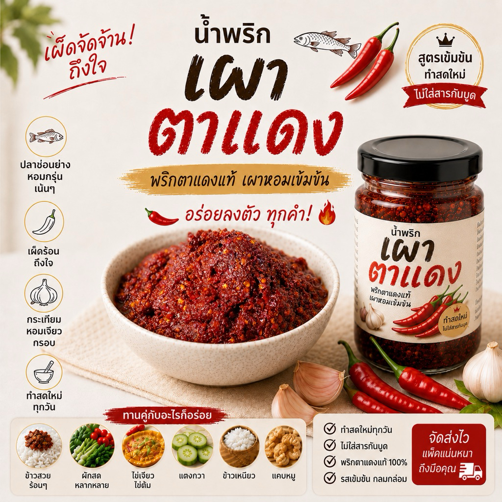 น้ำพริกเผาตาแดง 180 กรัม เผ็ดจัดจ้าน หอมกลิ่นพริกคั่วแบบไทยแท้ รสชาติกลมกล่อมถึงเครื่องทุกคำ
