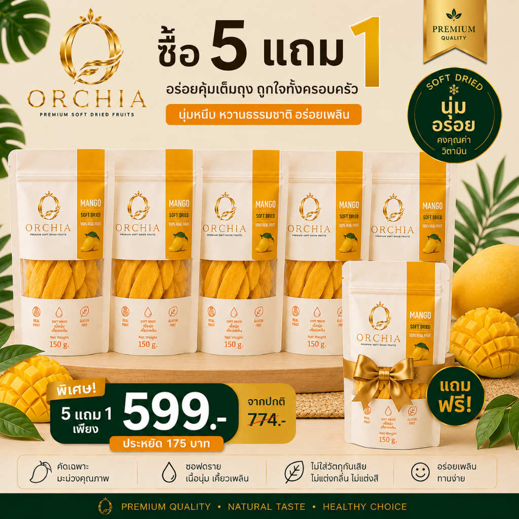 ORCHIA  5แถม1 ผลไม้อบแห้งซอฟดราย100%  มะม่วง สับปะรด ฝรั่ง Golden Trio พริกเกลือ ผลไม้รวม  ของฝาก Mango Pineapple Guava