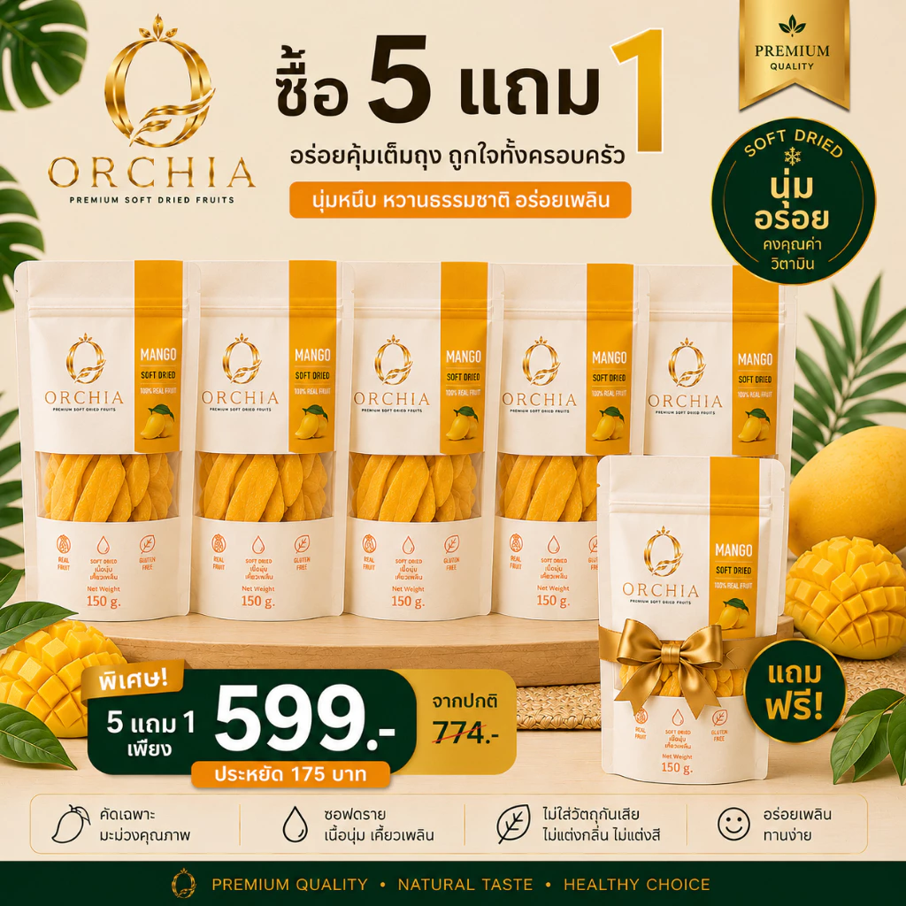 ORCHIA 5แถม1 ผลไม้อบแห้งซอฟดราย100% มะม่วง สับปะรด ฝรั่ง Golden Trio พริกเกลือ ผลไม้รวม ของฝาก Mango Pineapple Guava