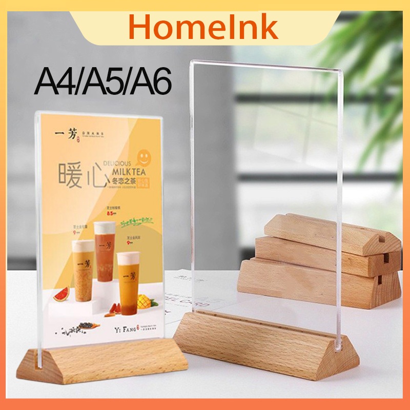 ป้ายตั้งโต๊ะอะคริลิคแบบT ฐานไม้ แนวตั้ง ใส ขนาด A4/A5/A6 ใช้ได้ทั้งสองด้าน ป้ายเมนู ป้ายโฆษณา กรอบรูป
