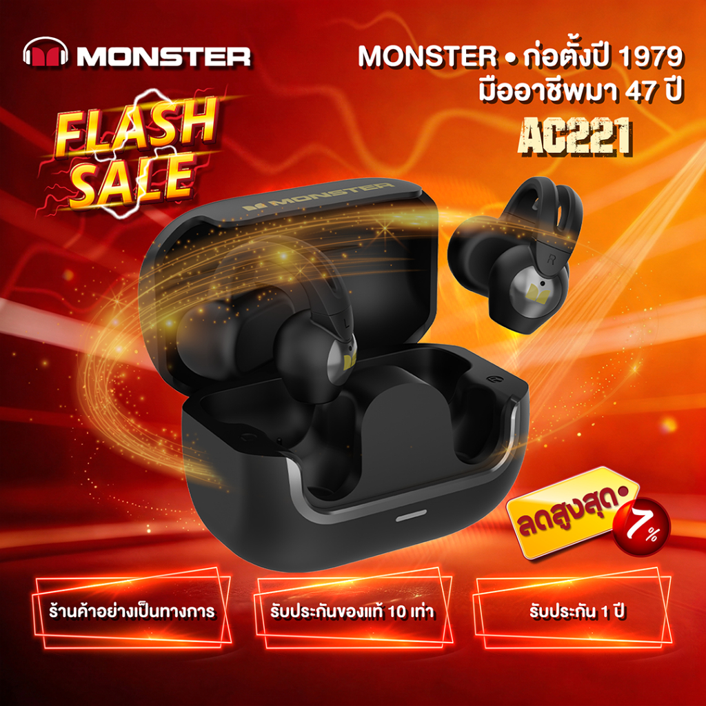 Monster หูฟังบลูทูธ Open Ear AC221 บลูทูธ 5.4 น้ำหนักเบา 4.5g แบตเตอรี่ยาวนาน 24 ชั่วโมง