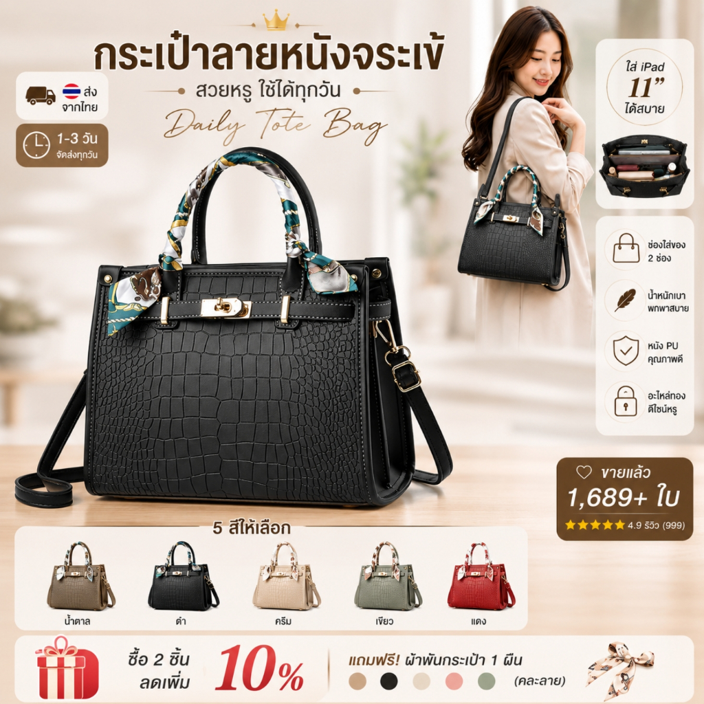 พร้อมส่งจากไทย กระเป๋าถือผู้หญิง กระเป๋าสะพายข้าง Tote Bag ลายหนังจระเข้ หนัง PU คุณภาพดี ใส่ iPad 11 นิ้วได้ แฟชั่นคุณห