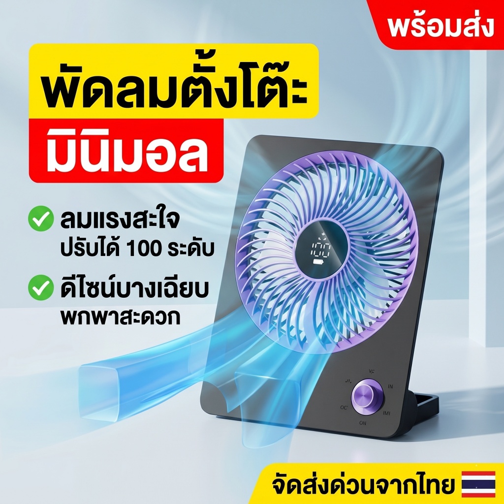 [พร้อมส่ง] พัดลมตั้งโต๊ะ มินิมอล ปรับลม 100 ระดับ พัดลมพกพา จอ LED แบตอึด 3000mAh พัดลมแขวนผนัง มอเตอร์ไร้แปรงถ่าน
