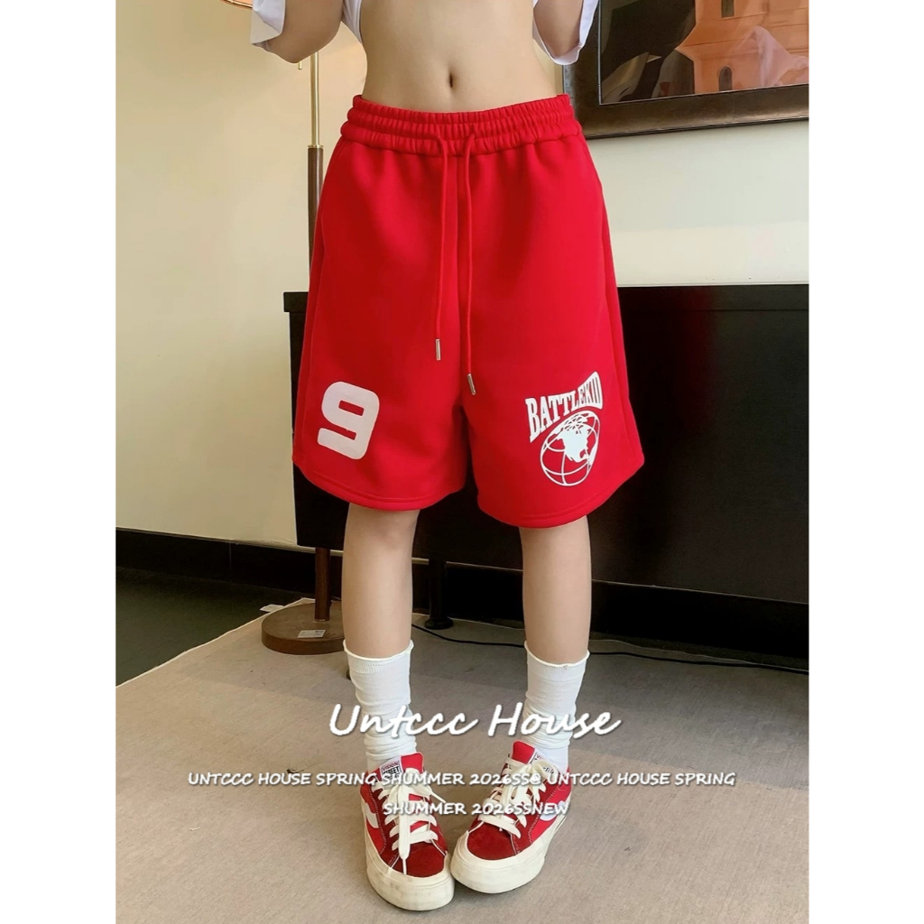 [Trendy Fashion Letter Print Sweat Shorts]กางเกงขาสั้นสไตล์แฟชั่นพิมพ์ลายเล็กยอดนิยม ทรงกว้างทำให้ต้นขาดูผอมลง