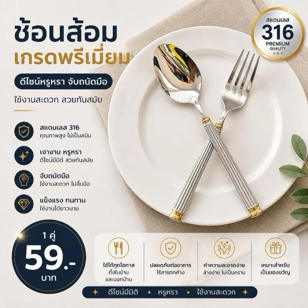 ช้อนส้อมเกรดพรีเมี่ยม สแตนเลสSUS316 หนาพิเศษ สไตล์ยุโรป (รหัส333)
