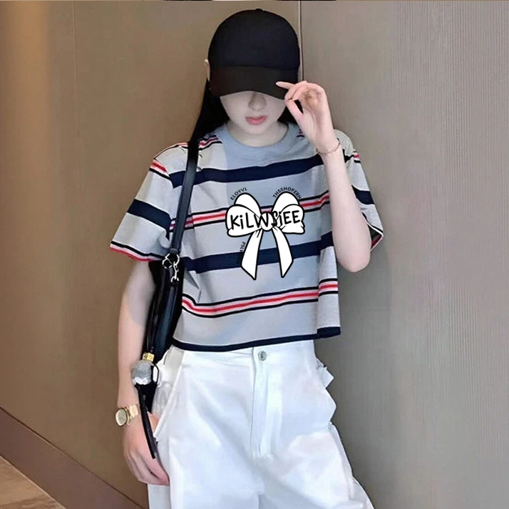 เสื้อครอปแขนสั้น oversize เสื้อผ้าสาวอวบน่ารักๆ เสื้อยืดลายทางผู้หญิงแฟชั่นฤดูร้อนใหม่ เรียบง่าย สีพิเศษ ลายทางสีสวย 3XL