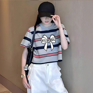 เสื้อครอปแขนสั้น oversize เสื้อผ้าสาวอวบน่ารักๆ เสื้อยืดลายทางผู้หญิงแฟชั่นฤดูร้อนใหม่ เรียบง่าย สีพิเศษ ลายทางสีสวย 3XL