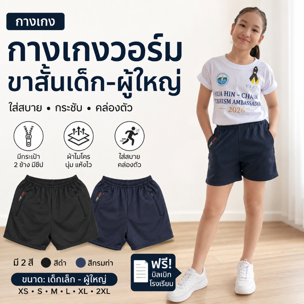 กางเกงวอร์มขาสั้น สีดำ สีกรมท่า เด็กเล็กอนุบาล เด็กประถม ผู้ใหญ่