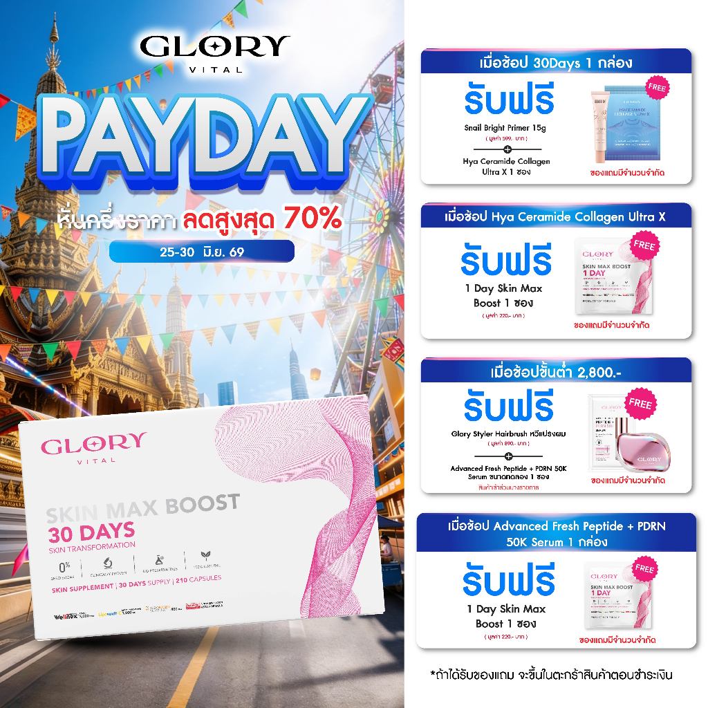 Glory 30DAYS Skin Max Boost วิตามินดริปผิว กลอรี่คอลลาเจน วิตามินซีมะเขือเทศ สารสกัดส้มสีเลือด และแอสต้าแซนธิน