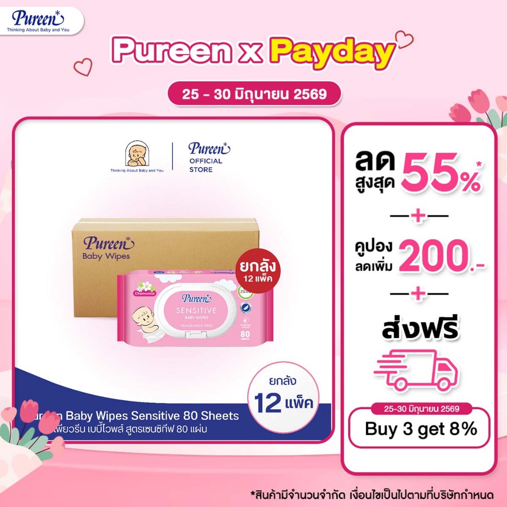 [ยกลัง 12 ห่อ] Pureen เพียวรีน เบบี้ไวพส์ สูตรเซนซิทีฟ 80 แผ่น สูตรอ่อนโยน สำหรับผิวบอบบางของลูกน้อยแรกเกิด