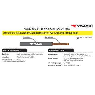 Yazaki สายไฟฟ้า THW 1.5 ยาว 50 เมตร สีฟ้า สีน้ำตาล สีเขียวแถบเหลือง ยี่ห้อ ไทย-ยาซากิ