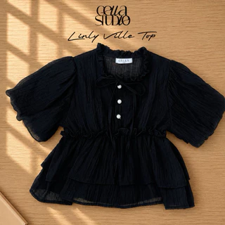 LINLYY TOP-(พร้อมส่ง)เสื้อคอกลมแต่งระบายแขนตุ๊กตา ผ้าโรซี่(GELLA)