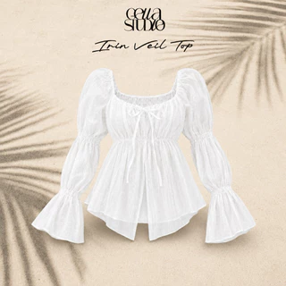 Irin Veil Top-เสื้อแขนยาวทรงyaya คอเหลี่ยมแต่งโบว์ผ้าโรซี่ซับอกผ้าสองชั้น