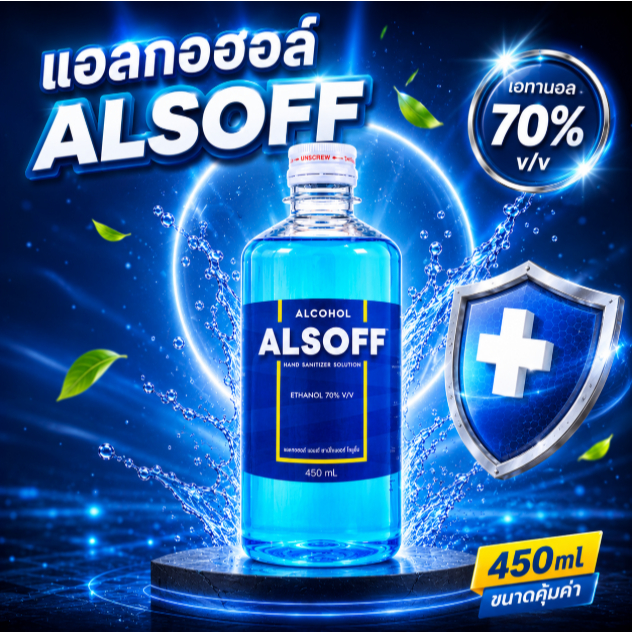 แอลกอฮอลล์ 450มล. Alsoff Ethyl Alcohol แอลซอฟฟ์ 70% แอลกอฮอล์ ชนิดน้ำ 70% ตราเสือดาว สีฟ้า