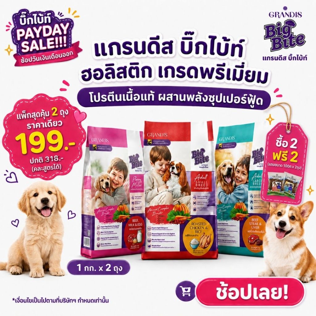 [สุดคุ้ม 2ถุง ราคาเดียว] อาหารสุนัข แกรนดีส บิ๊กไบ้ท์ ฮอลิสติก [1กก] ลูกสุนัข/ สนัขโตพันธุ์เล็ก-ใหญ่