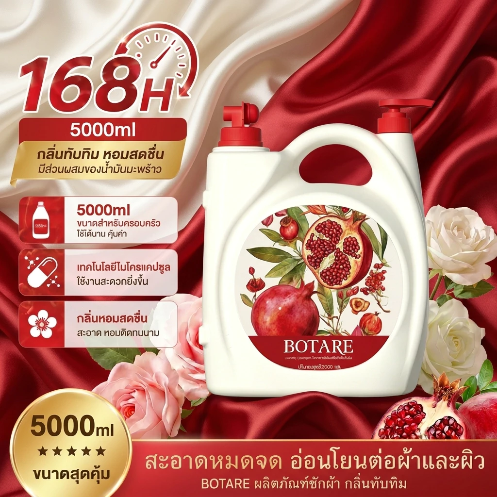 【5KG】Botare ผลิตภัณฑ์ซักผ้ากลิ่นทับทิม หอมยาวนาน ทำความสะอาดล้ำลึก 1ขวด 5000ml