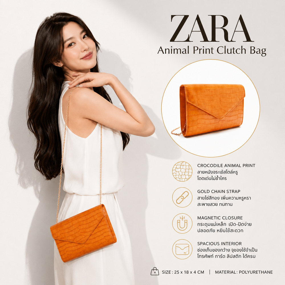 ZA001 กระเป๋า ZARA สีส้มลายหนัง กระเป๋าคลัทช์และสะพายข้าง สายโซ่ทอง ทรงซองจดหมาย