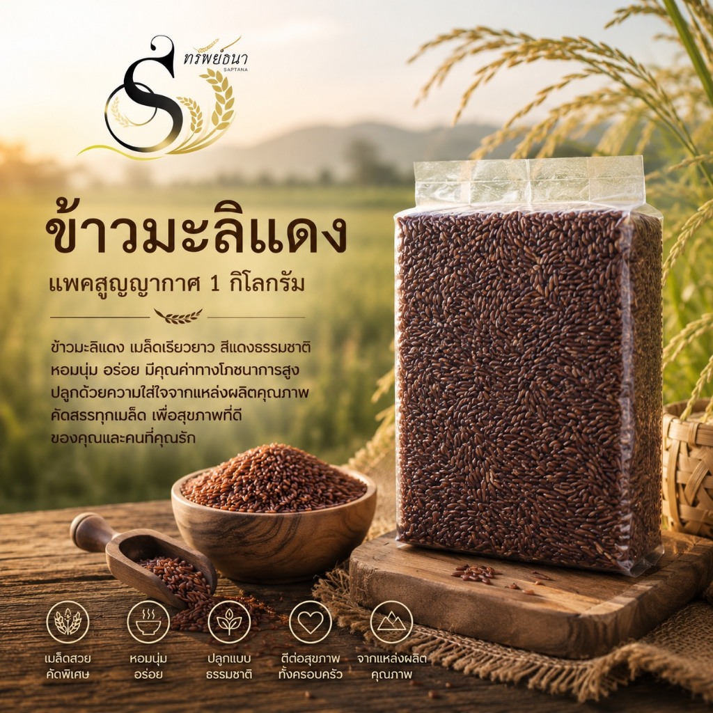 ข้าวหอมมะลิแดง หอมนุ่ม ตราทรัพย์ธนา 1 กิโลกรัม