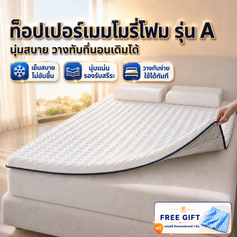 ที่นอนเมมโมรี่โฟม Topper นุ่มสบาย รองรับสรีระ ระบายอากาศ 3/4/5/6ฟุต คอนโด วางทับที่นอนเดิมได้