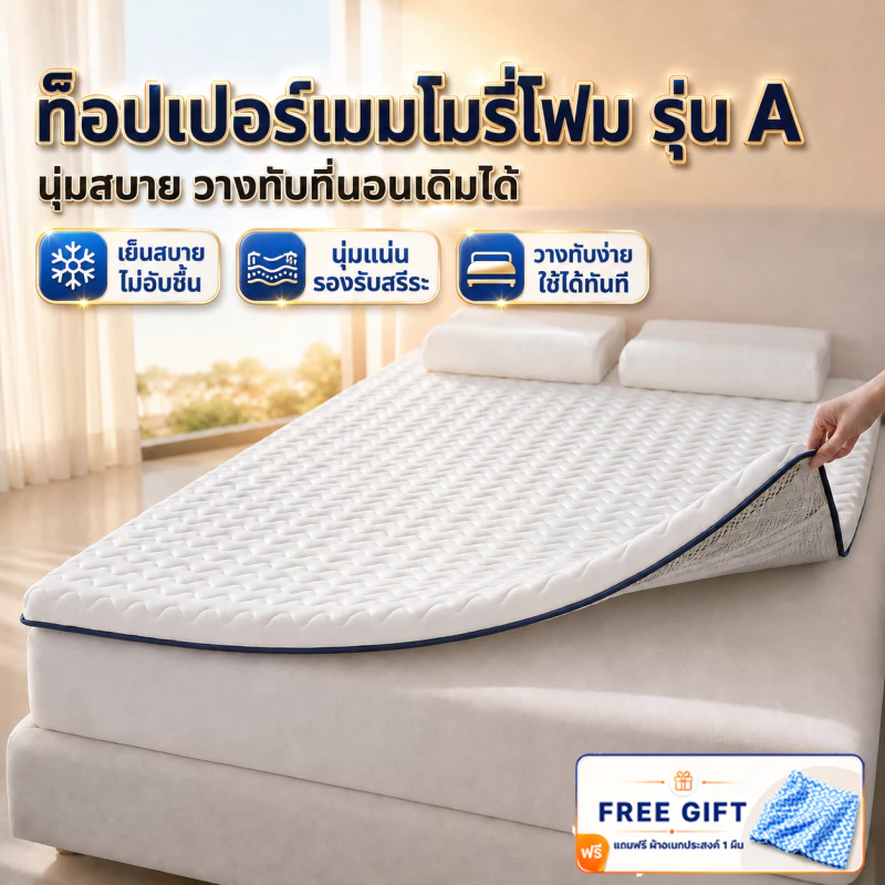 ที่นอนเมมโมรี่โฟม ท็อปเปอร์ Topper นุ่มสบาย รองรับสรีระ ระบายอากาศ 3/4/5/6ฟุต คอนโด วางทับที่นอนเดิมได้