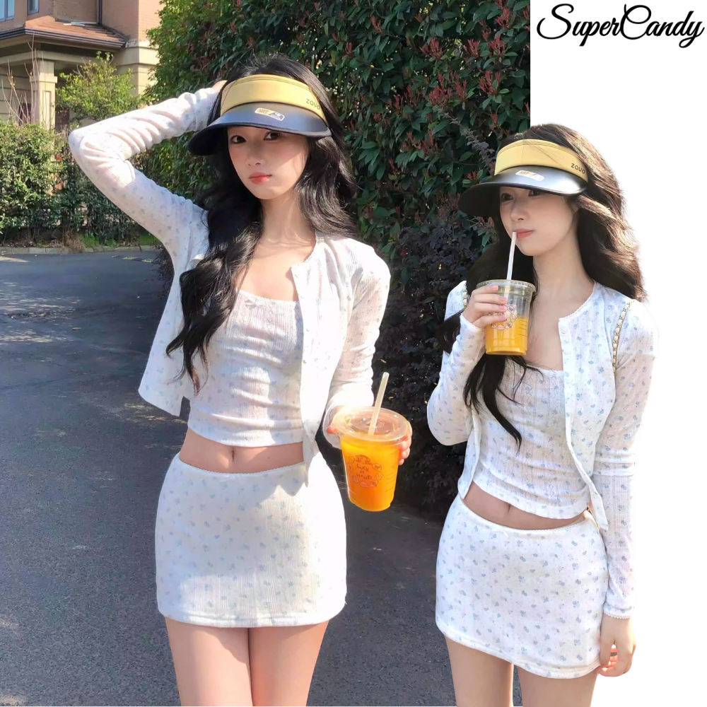 SuperCandy🌷เซต3ชุดฤดูร้อนสวยอ่อนหวาน เสื้อสายเดี่ยวสั้น เสื้อคลุมบางเบา กระโปรงลายดอกไม้ ชุดแต่งตัวใส่แล้วผอม