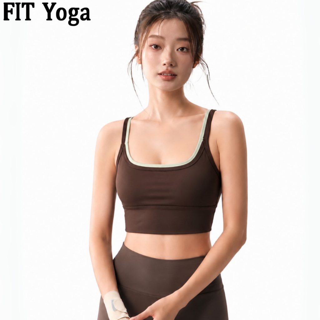 FitYoga เสื้อวีซีผู้หญิง สีตัดกัน สายสองเส้น มีโฟม สำหรับโยค้าฟิตเนส