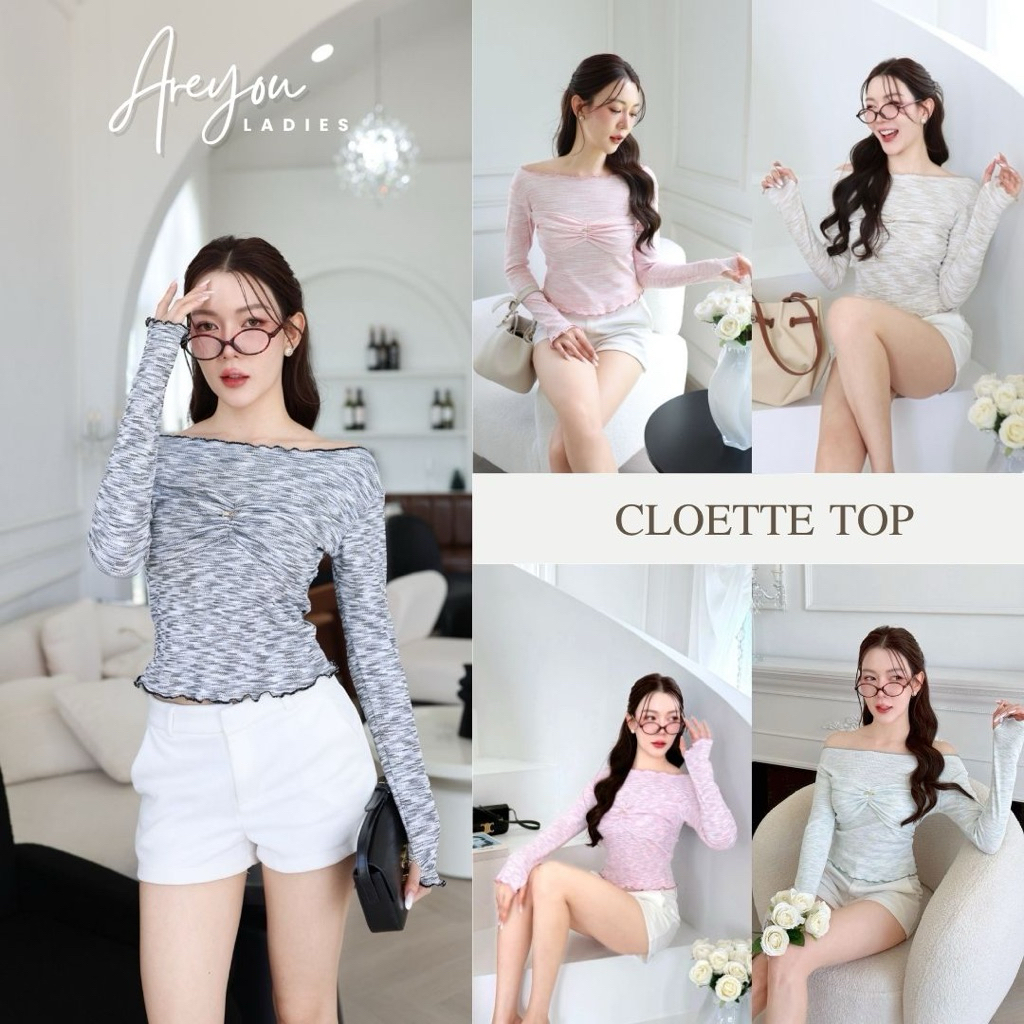 NO.634 Cloette Top เสื้อยืดแขนยาวผ้าลายคอกว้างแต่งย่นช่วงอก