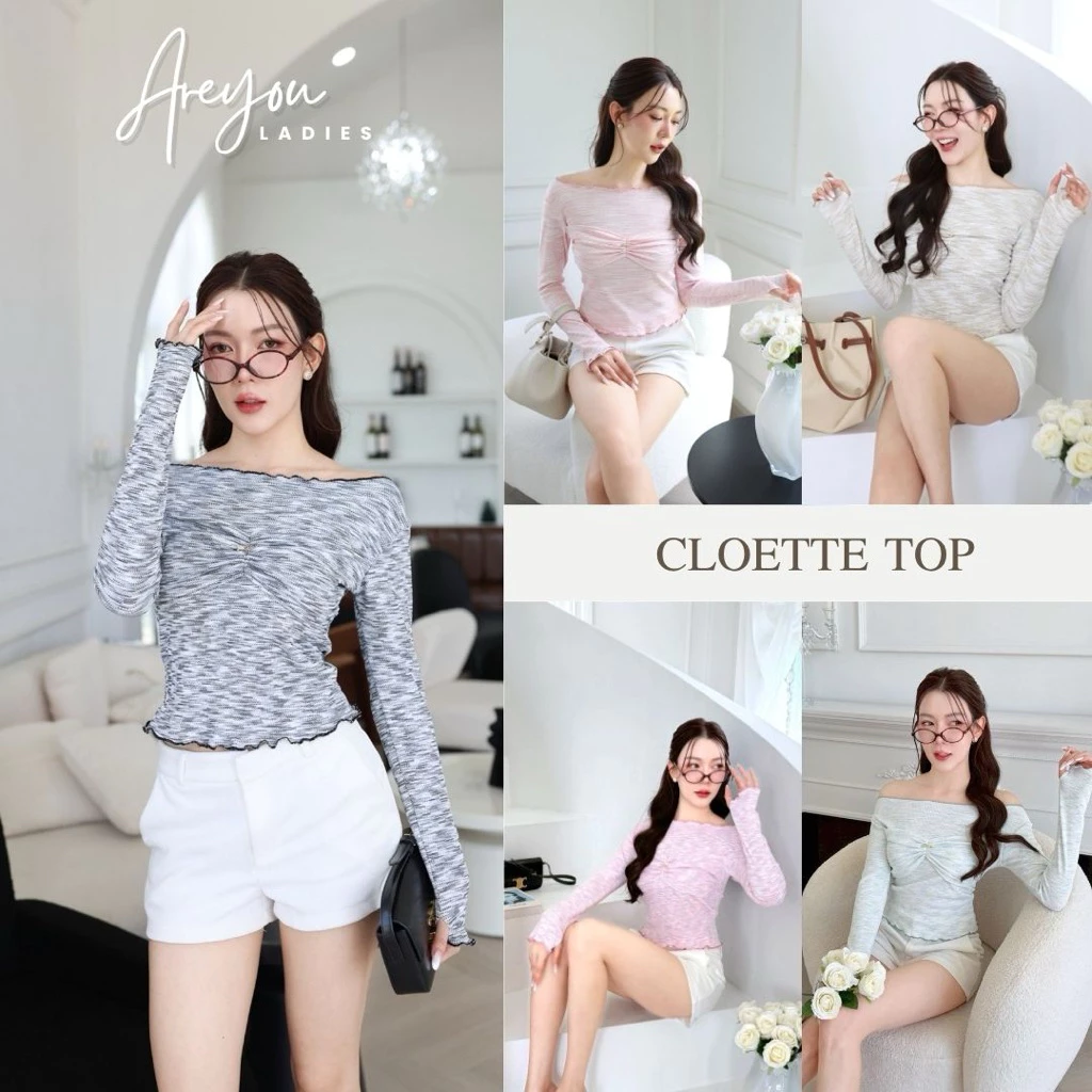 NO.634 Cloette Top เสื้อยืดแขนยาวผ้าลายคอกว้างแต่งย่นช่วงอก