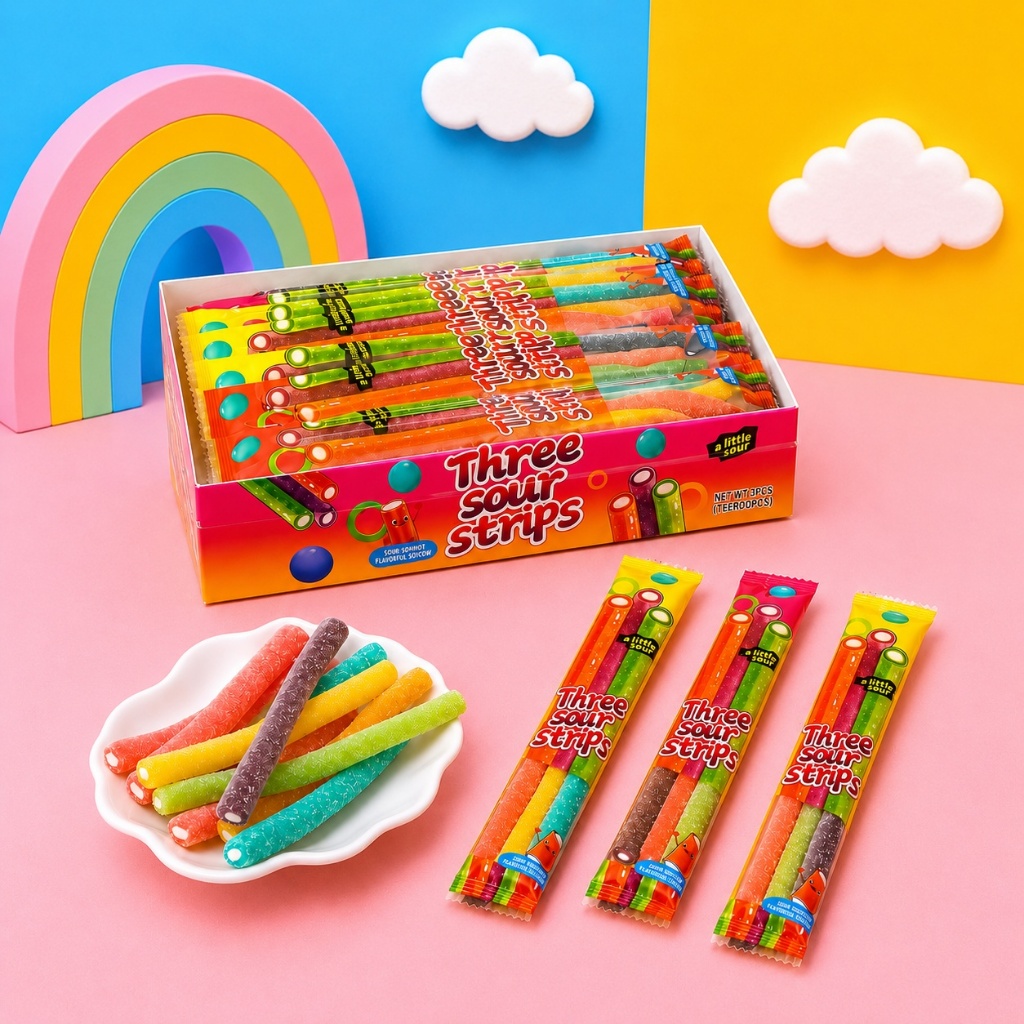 เยลลี่ กัมมี่สอดไส้ เปรี้ยว จี๊ดจ๊าด three sour strips 1 กล่อง 30 ชิ้น