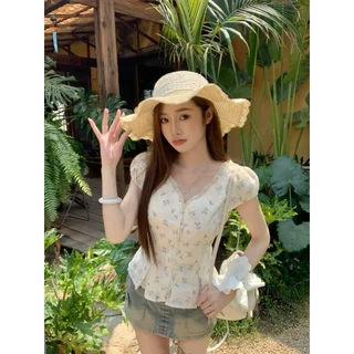 Lisa🥨พร้อมส่ง🍨เสื้อเชิ้ตแขนสั้นลายดอกรัดเอวผอมเพรียวสไตล์สาวหวานสไปซี่ลูกไม้แฟชั่นพิเศษ