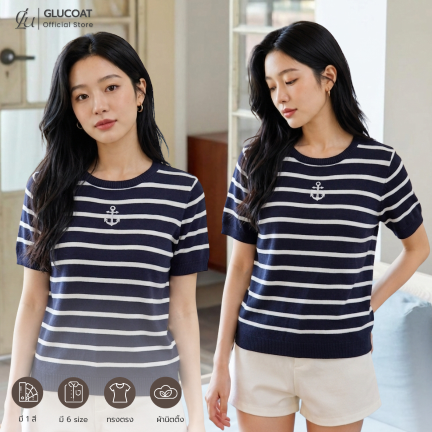 Glucoat | [A587] เสื้อนิตติ้งไหมพรมแขนสั้น ปักลายดอกไม้สีครีม แต่งขอบหยักสีดำ
