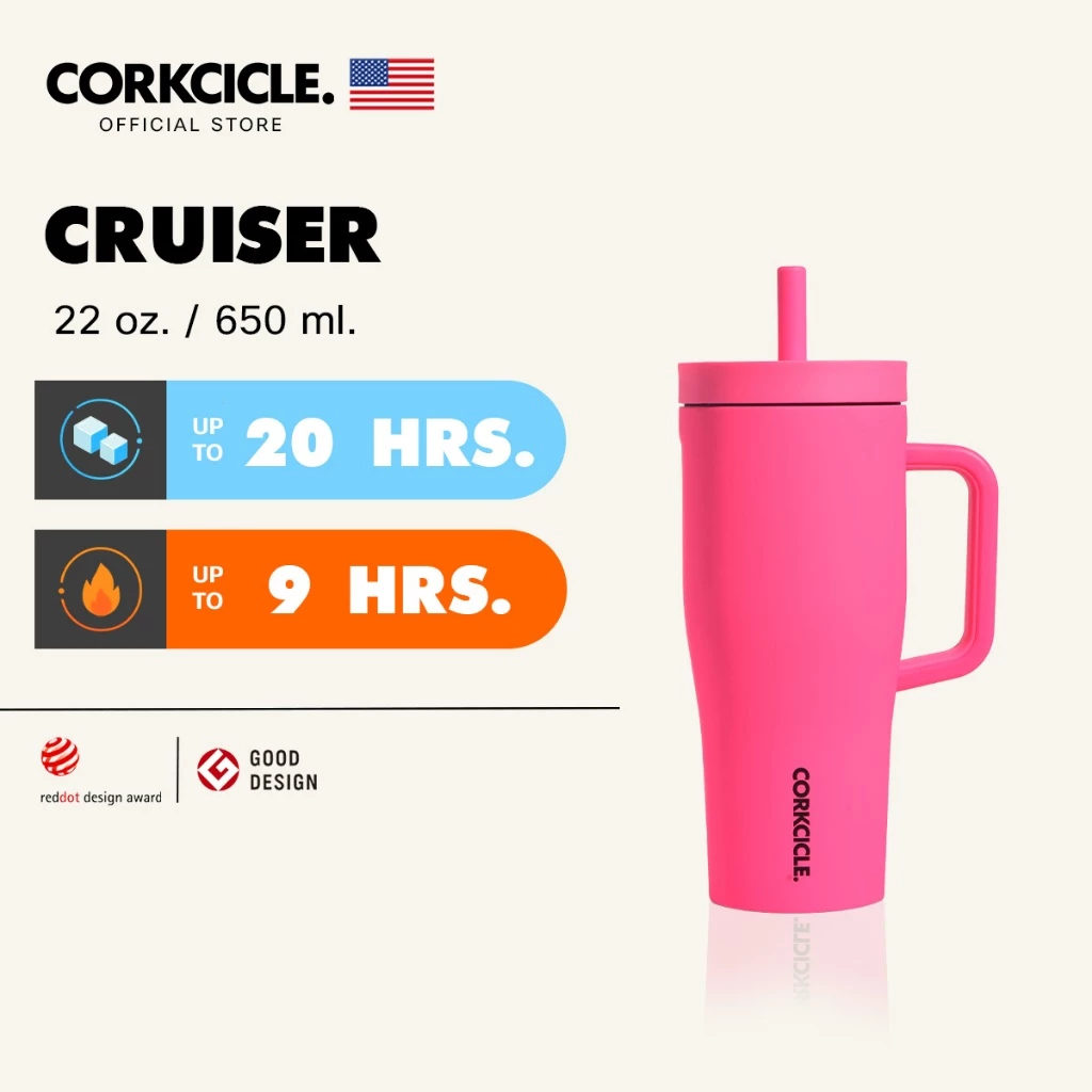 Corkcicle กระบอกน้ำ 22 oz (650 ml) Cruiser Tumbler | Dipped Neon Pink ชมพู | Keeps Cold เก็บเย็น 20hrs | แก้วพกพา