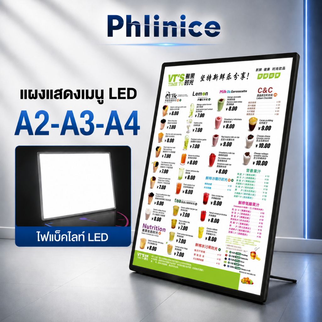 Phlinice กรอบไฟเมนูอาหาร LED A4 A3 A2 แผงกระจกนิรภัย ป้ายไฟ ป้ายเมนู ป้ายเมนูอาหาร แนวนอน/แนวตั้ง