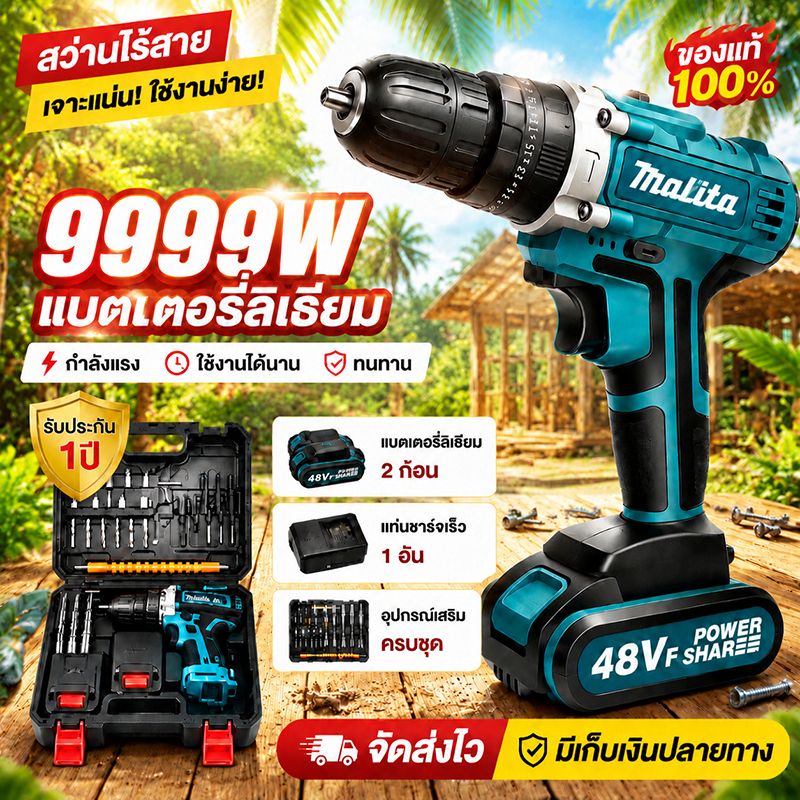 🔥9999W สว่านไร้สาย🔥 ทรงพลัง มาพร้อมแบตเตอรี่และสว่าน🔋 สำหรับงานหนัก เหล็กเจาะได้ คอนกรีตเจาะได้