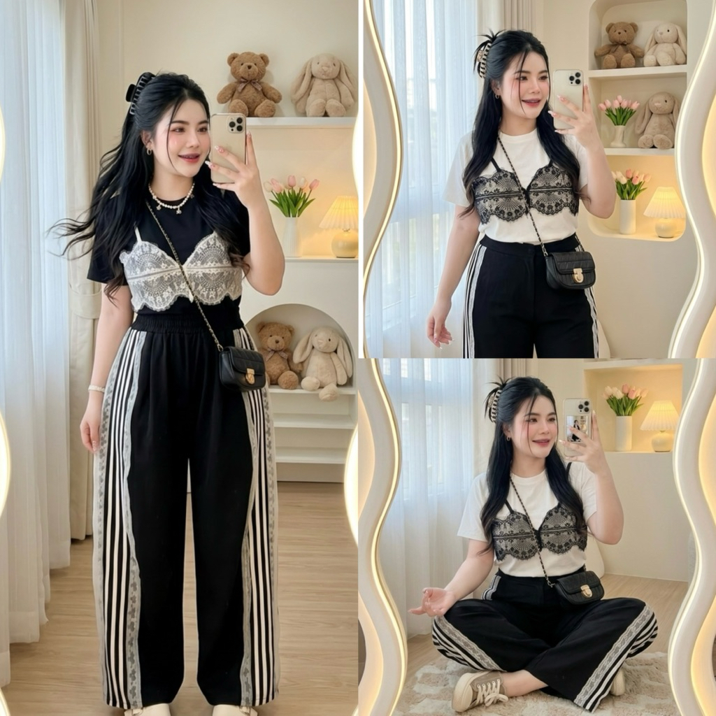ชุดเซตเสื้อแต่งลูกไม้+กางเกงแต่งแถบ 🐰🌸อก34-46 เอว30-40 สพ50