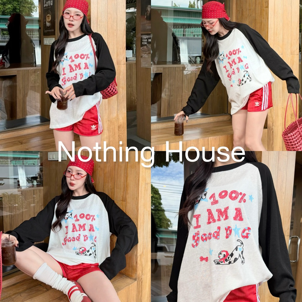 เสื้อยืดโอเวอร์ไซส์แขนยาวขาวดำ ป้ายNOTHING HOUSE