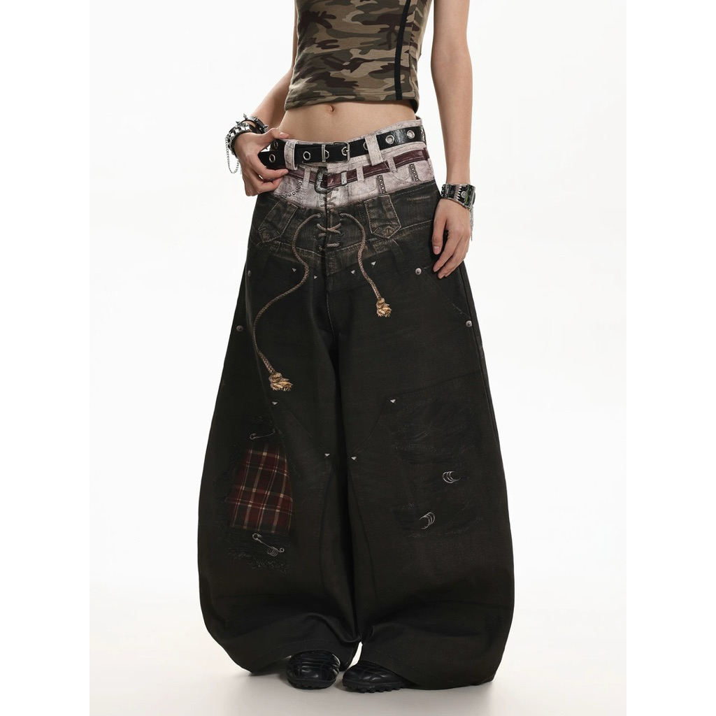 ⚔️ NOIR CAMO PATCHWORK BAGGY DENIM TROUSERS