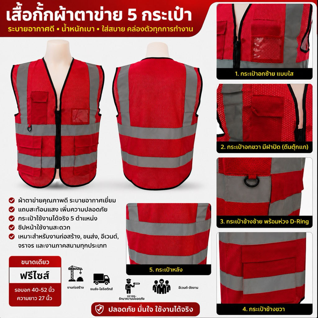 เสื้อกั๊กสะท้อนแสง รุ่นห้ากระเป๋าผ้าตาข่าย (ไซส์Sถึง4XL)