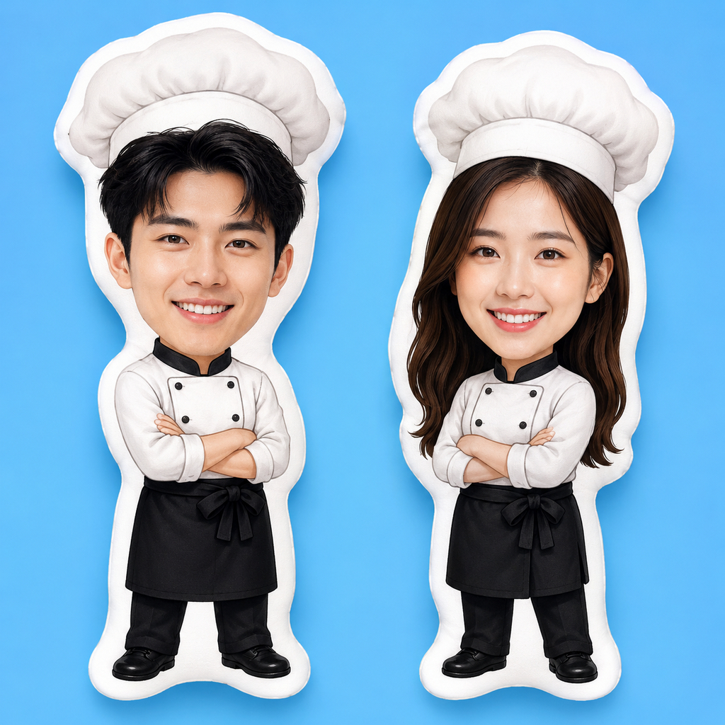 สั่งทำ ตุ๊กตาสกรีนรูป ใส่ชุดสุดน่ารัก พิมพ์2ด้าน หมอนไดคัทหัวตัวการ์ตูน ตุ๊กตาหน้าคน - พ่อครัว แม่ครัว เชฟ