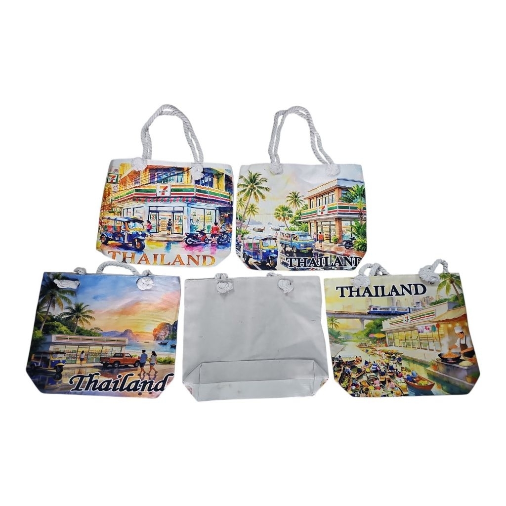 GVกระเป๋าผ้าแคนวาสลายไทย Thailand Tote Bag สายเชือก ถุงผ้าของฝาก ลายแลนด์มาร์กเมืองไทย ขนาด 46×37 ซม.
