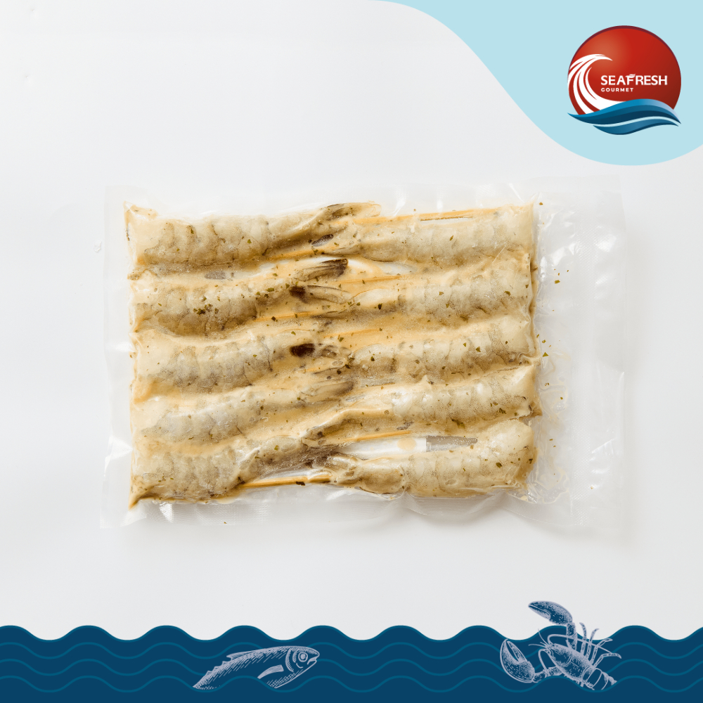 กุ้งเนยกระเทียมเสียบไม้แช่แข็ง Frozen Garlic Butter Skewered Shrimp 16/20 G