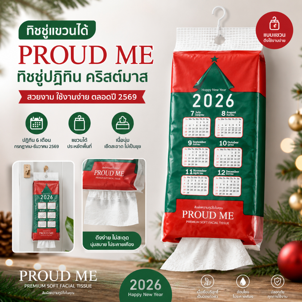 ทิชชู่ปฏิทิน ทิชชู่Proudme ทิชชู่คริสต์มาส ทิชชู่แบบดึงแขวนได้ ปฏิทิน2569 D81