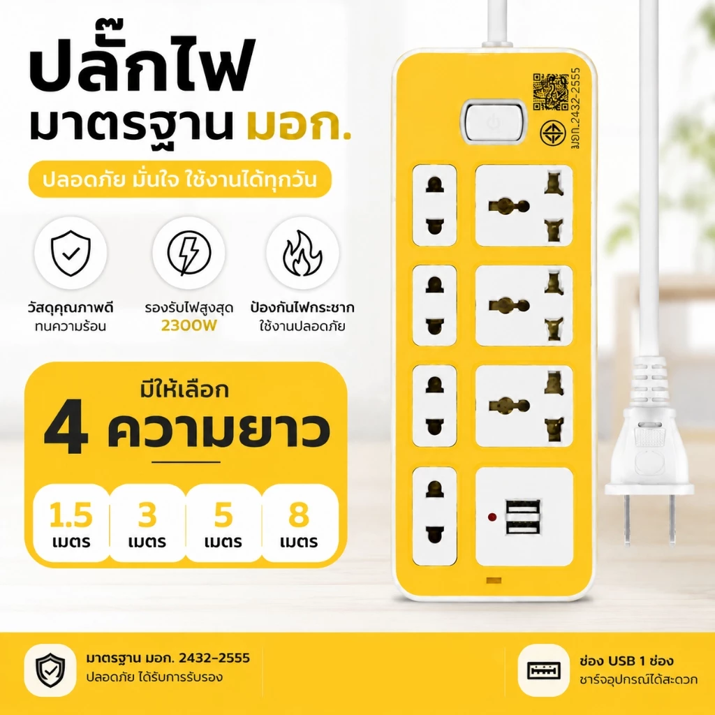 ปลั๊กไฟ 7 ช่อง 2300W มี USB สายยาว 3/5/8 เมตร thumbnail 4