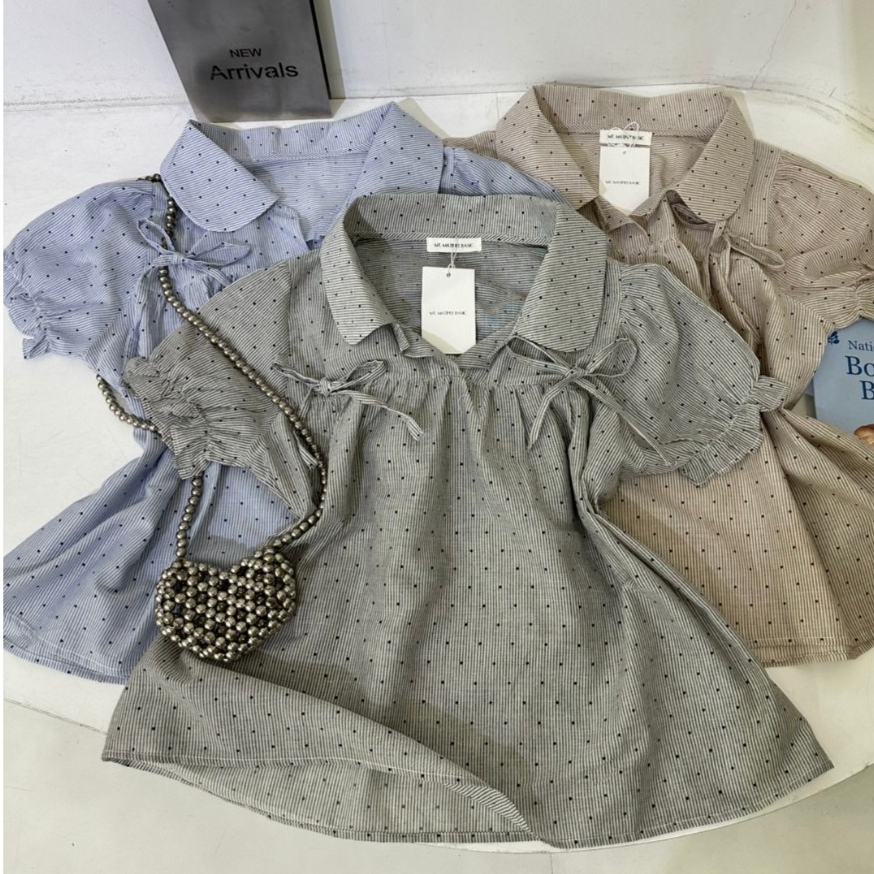M2211 เสื้อคอปกสไตล์โปโล ดีเทลผูกโบว์หน้า น่ารักแบบตะโกน