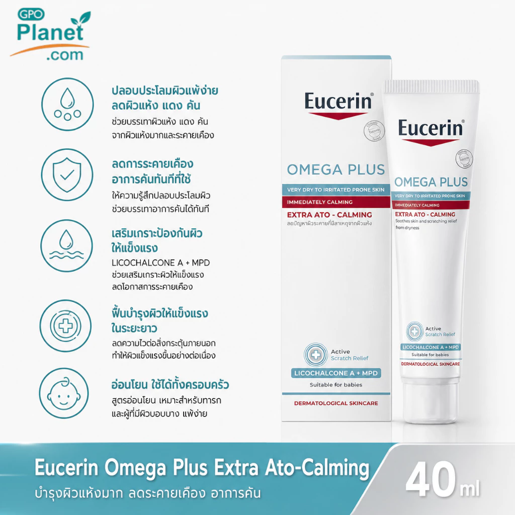 (EX 05/28) Eucerin OMEGA PLUS Extra Ato-Calming 40ml | ครีมบำรุงผิวแห้งมาก ลดอาการระคายเคือง และแดง