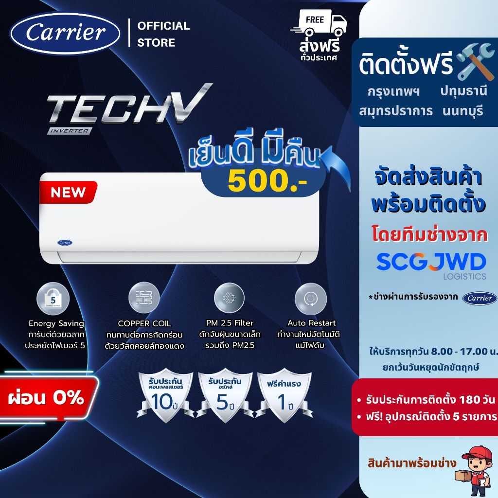[ติดตั้งฟรี] Carrier แอร์ระบบ Inverter รุ่น Tech V ขนาด 9,000 - 24,000 BTU ปี 2026
