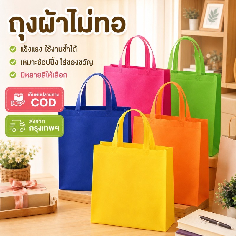 ถุงผ้าสปันบอนด์ ไม่มีลาย ถุงผ้าไม่ทอหูหิ้ว ทรงตั้ง/ทรงนอน หนา รับน้ำหนักดี ถุงช้อปปิ้ง ถุงของขวัญ พร้อมส่ง COD